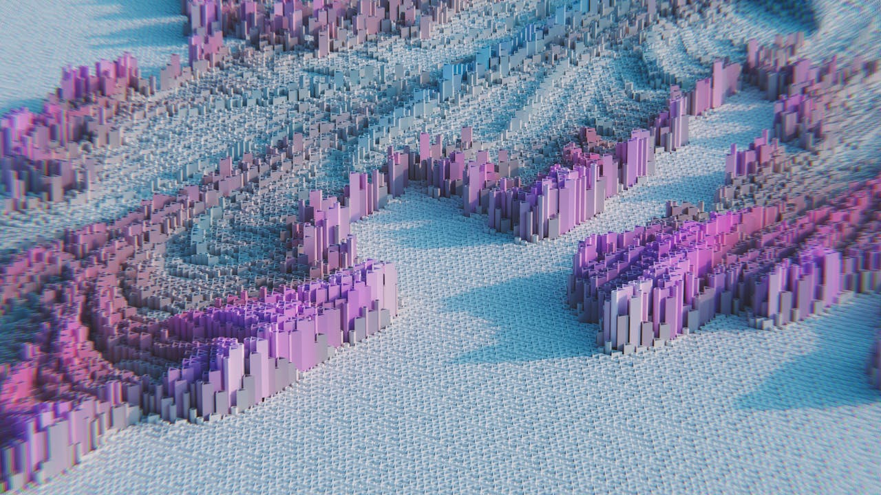 3D abstract geometric pattern featuring pastel pink and purple blocks, creating a modern visual effect.
